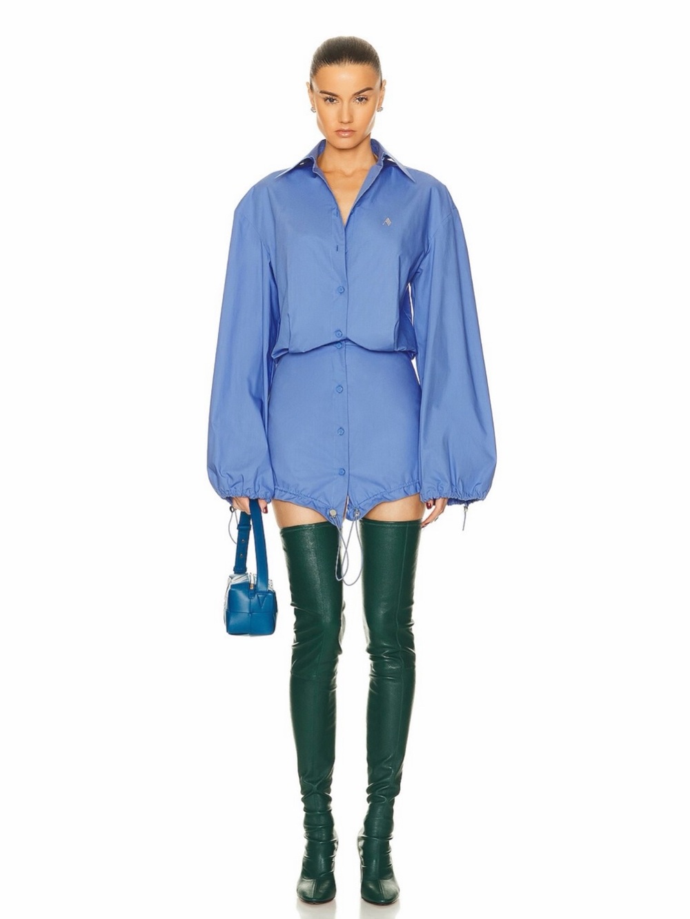 NWT The Attico Drawstring Button Down Shirt Mini Dress in Indigo Blue